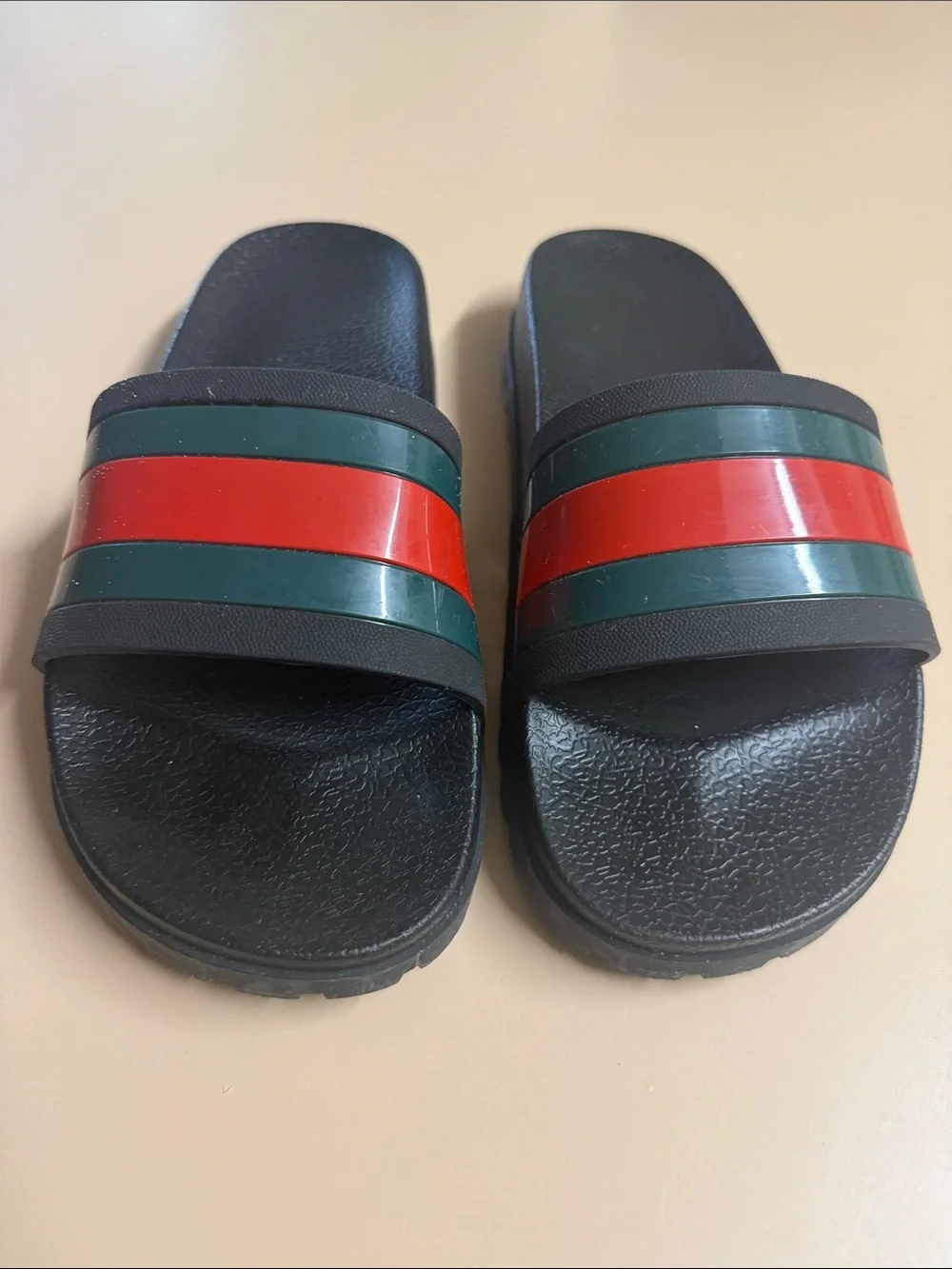 Gucci Black Slide Sandals with Red and Green Stripes